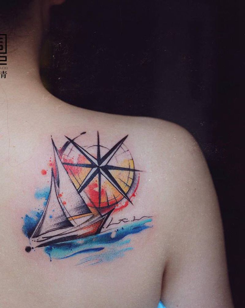 梦想之帆纹身图片_背部水彩帆船纹身图案