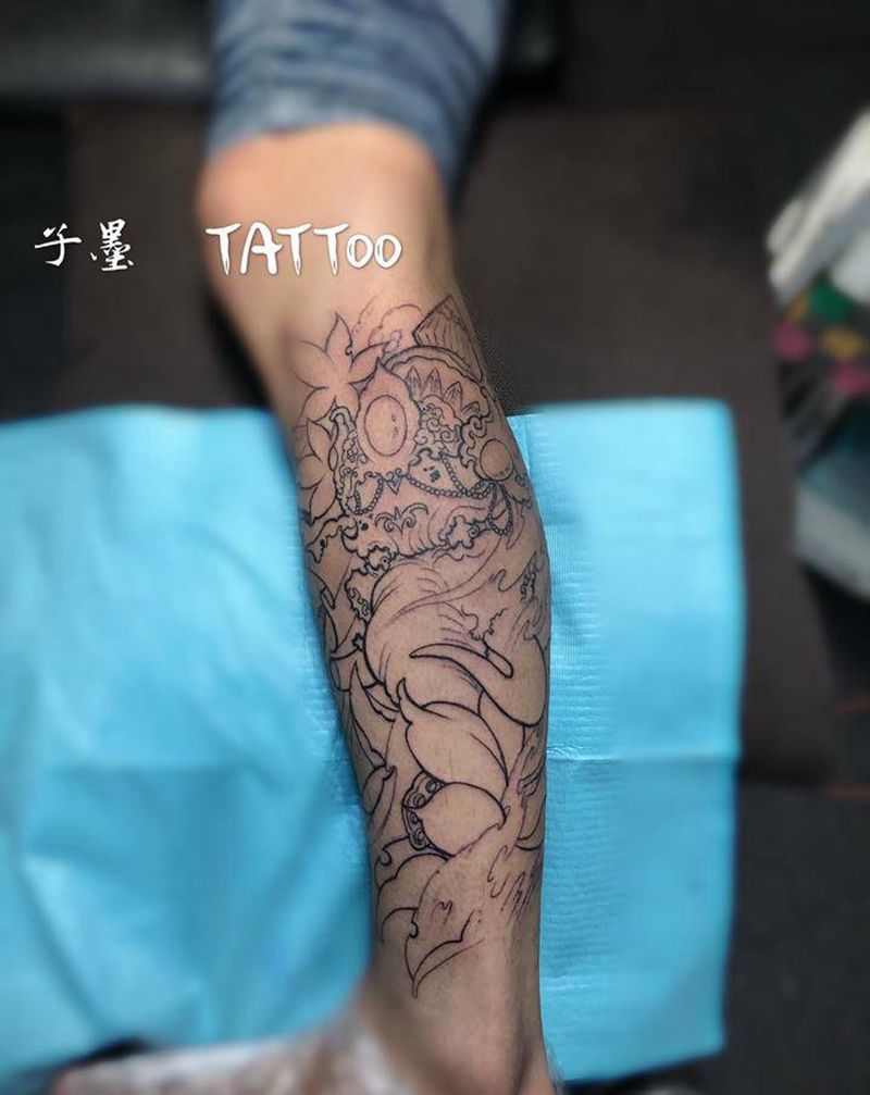 象神线条纹身图片_腿部新传统纹身图案