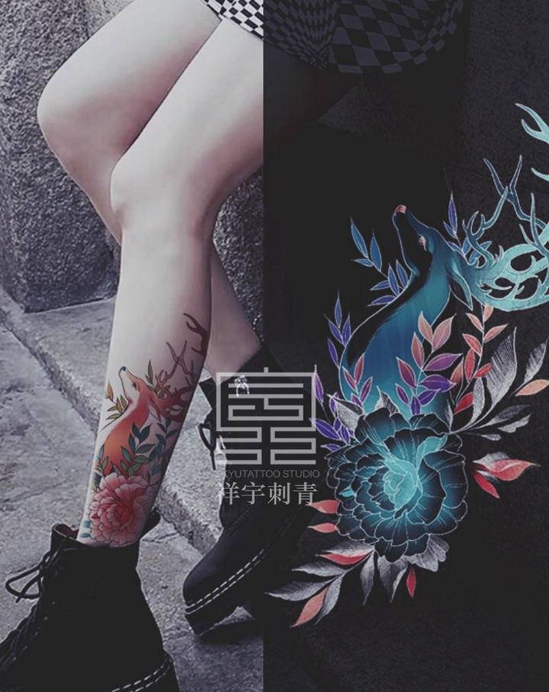 定制手稿纹身图片_腿部麋鹿纹身图案