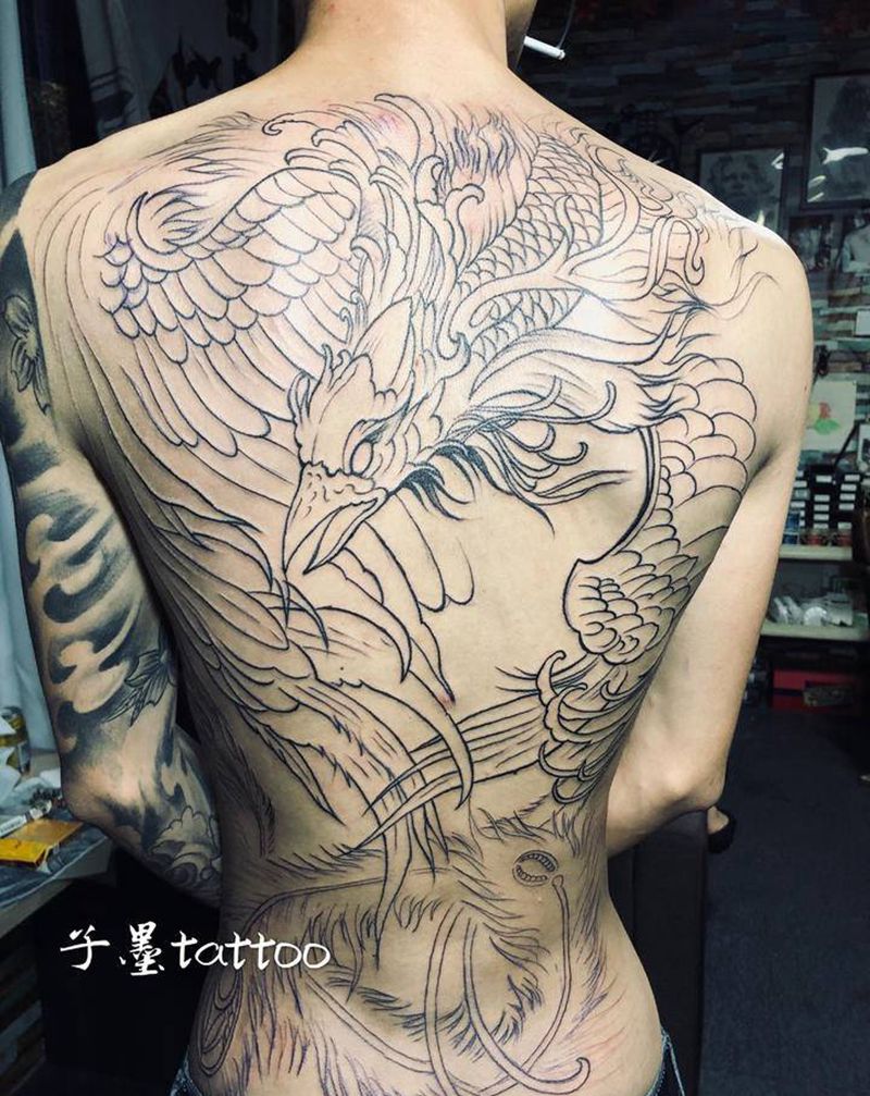 朱雀纹身图片_背部新传统纹身图案