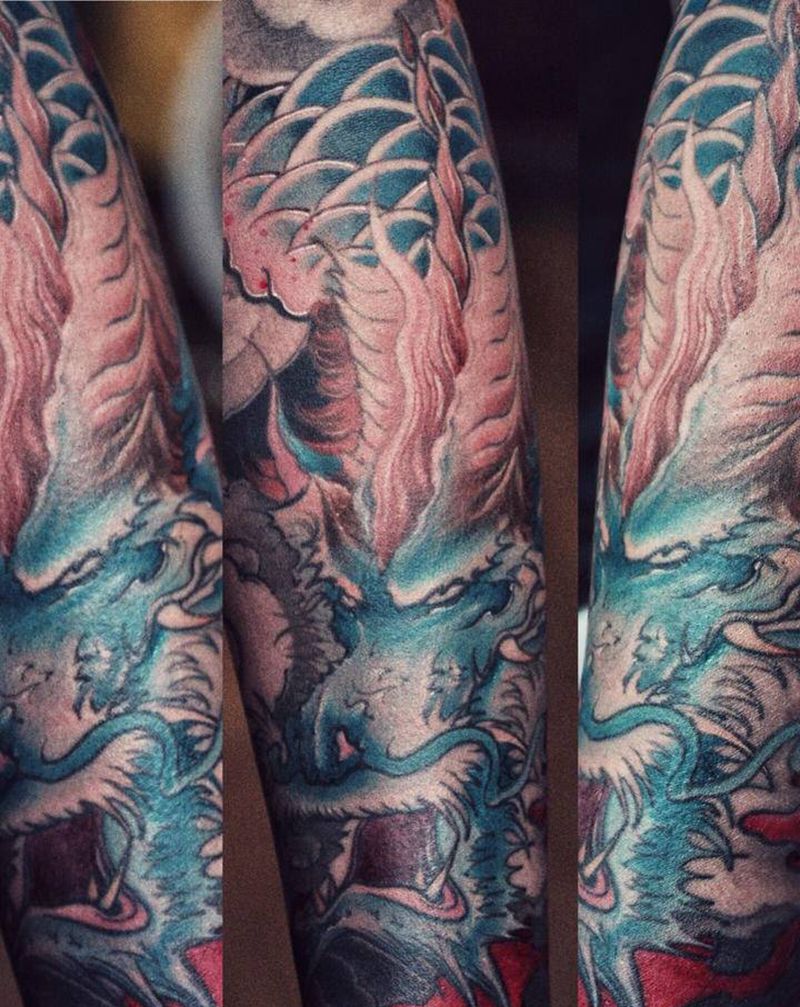 应龙纹身图片_手臂新传统应龙纹身图案
