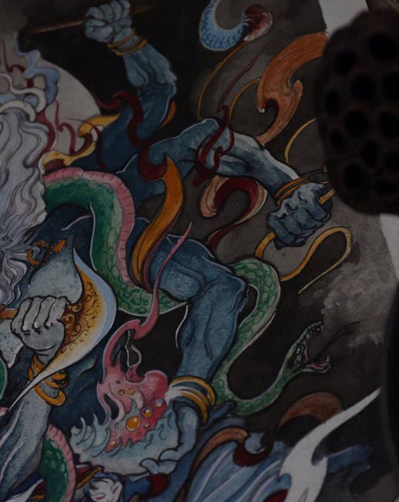 定制手稿纹身图片_背部新传统大黑天纹身图案