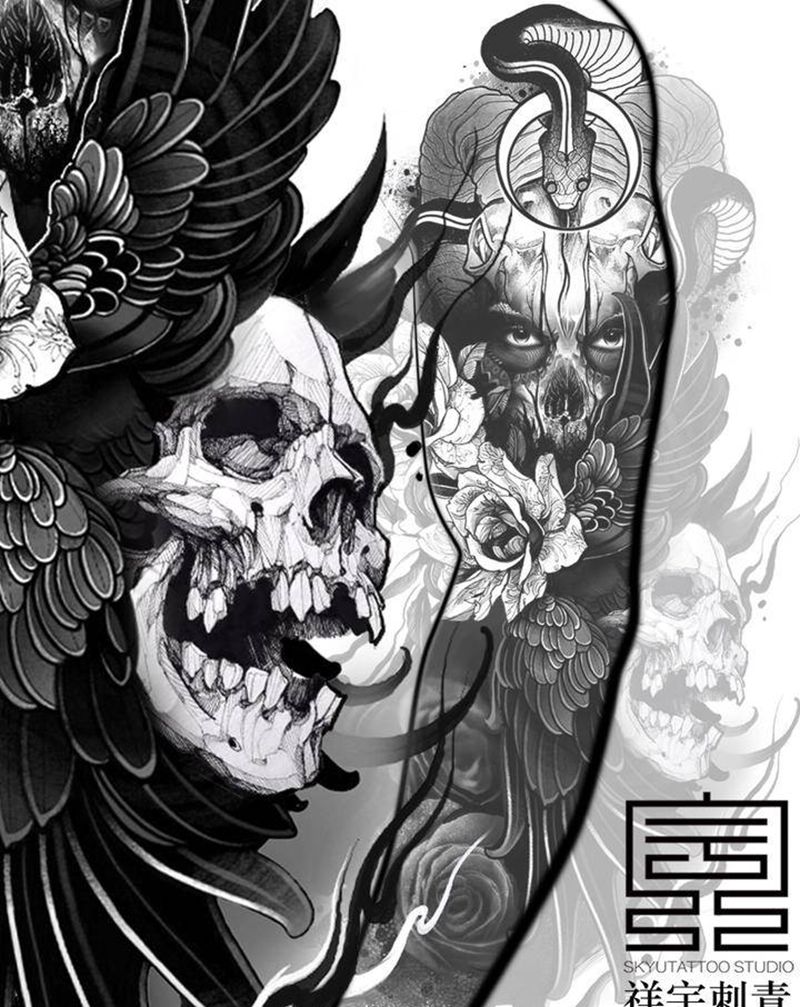 定制手稿纹身图片_手臂New School骷髅暗黑纹身图案