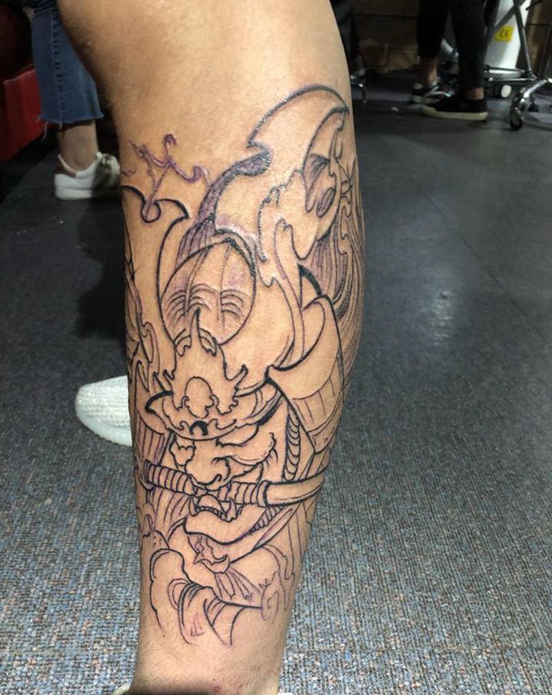 鬼武士纹身图片_腿部新传统纹身图案