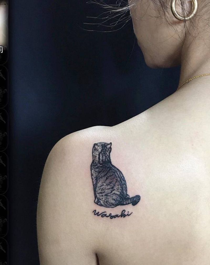 猫咪遮盖疤痕纹身图片_肩部点刺纹身图案
