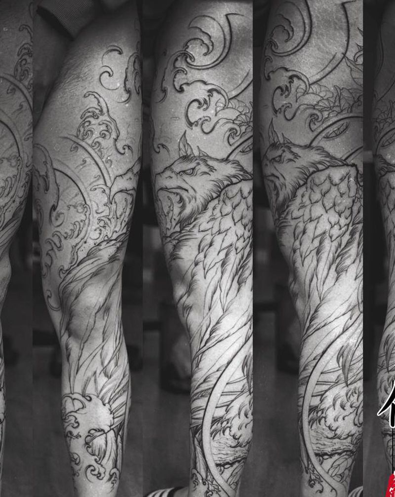 伏山涧纹身图片_腿部新传统鹰纹身图案