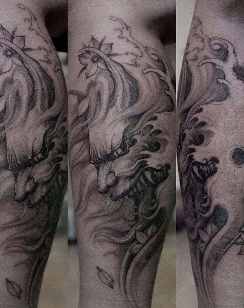 般若纹身图片_腿部新传统般若纹身图案