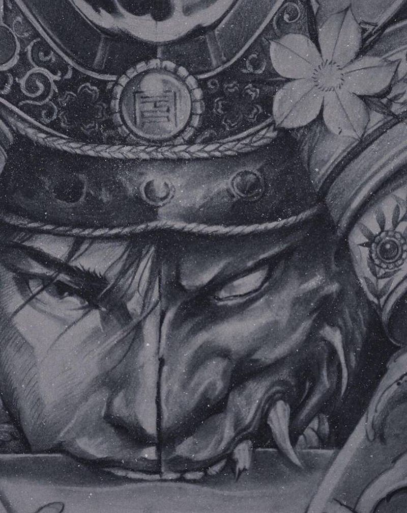 原创•自由稿纹身图片_腿部背部新传统鬼武士纹身图案