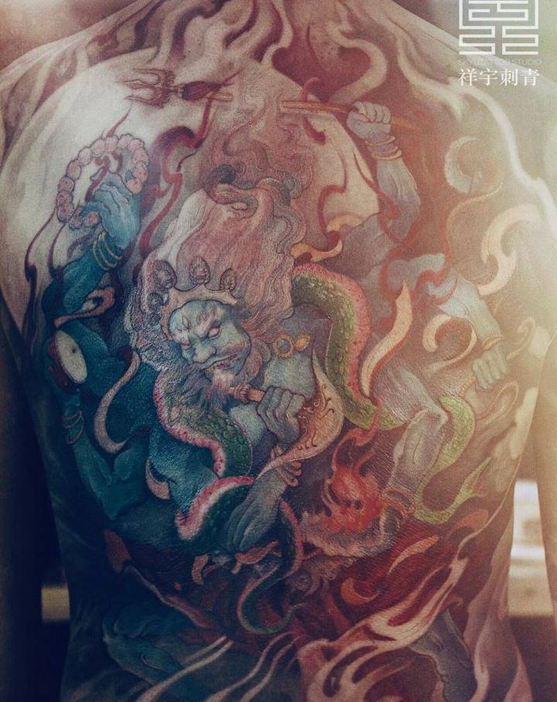 六臂大黑天纹身图片_背部新传统大黑天纹身图案