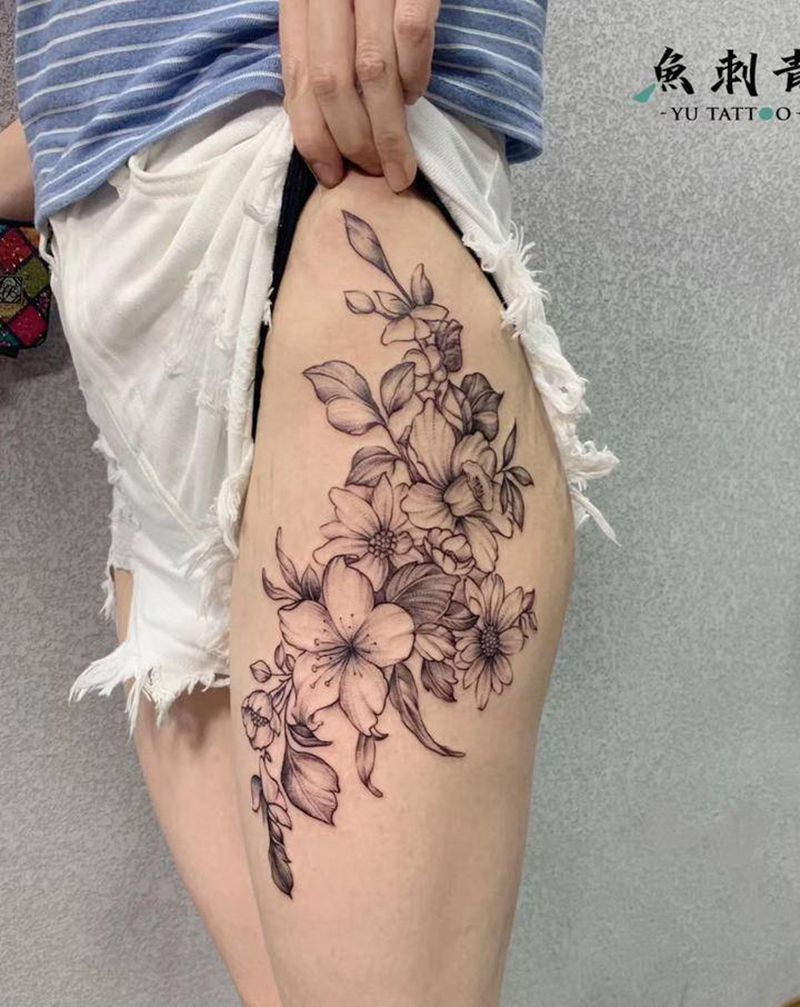 素花点刺纹身图片_腿部点刺纹身图案