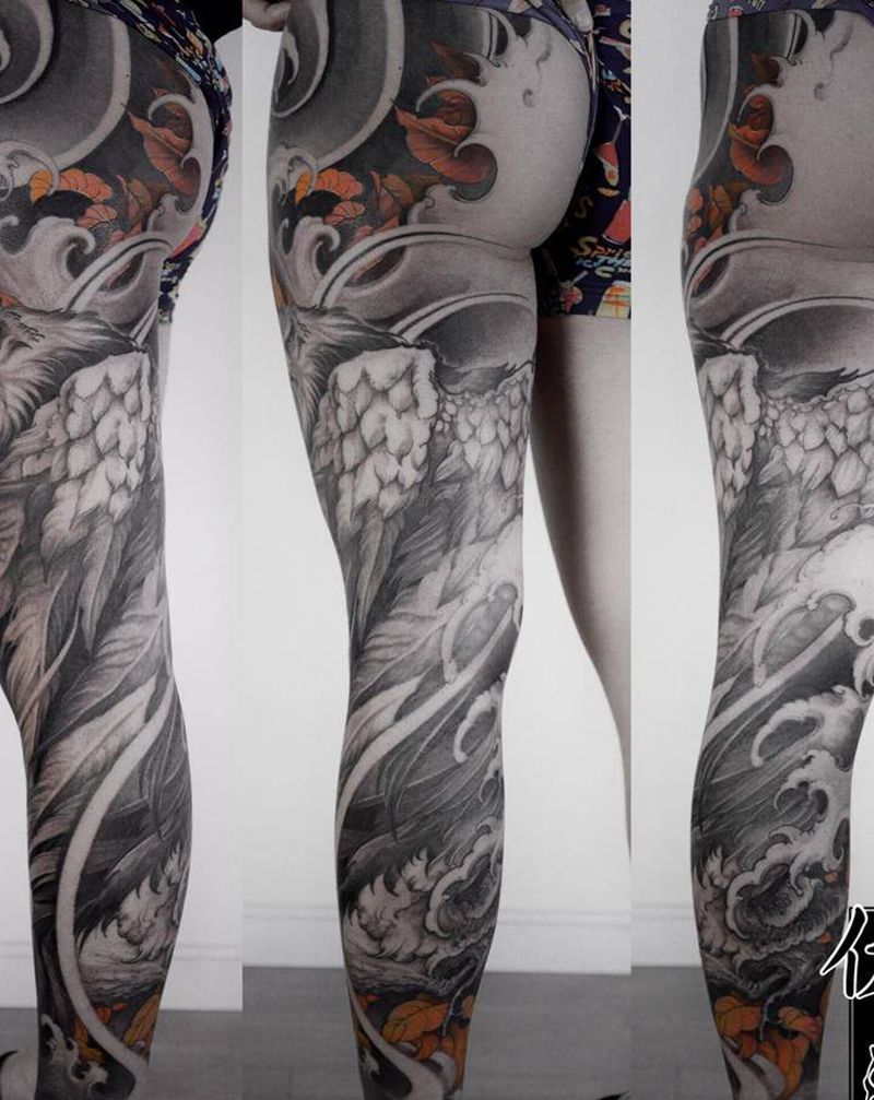 伏山涧纹身图片_腿部新传统老鹰纹身图案