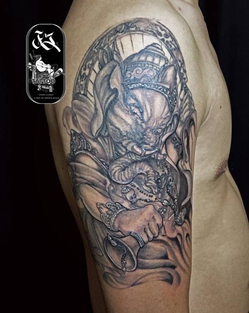 四十二章经·象神ganesha纹身图片_手臂传统黑灰纹身图案