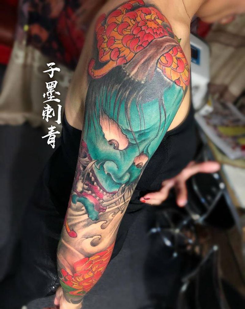 花臂女神纹身图片_手臂新传统纹身图案