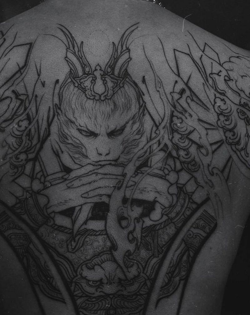 齐天大圣•线条纹身图片_背部新传统大圣纹身图案