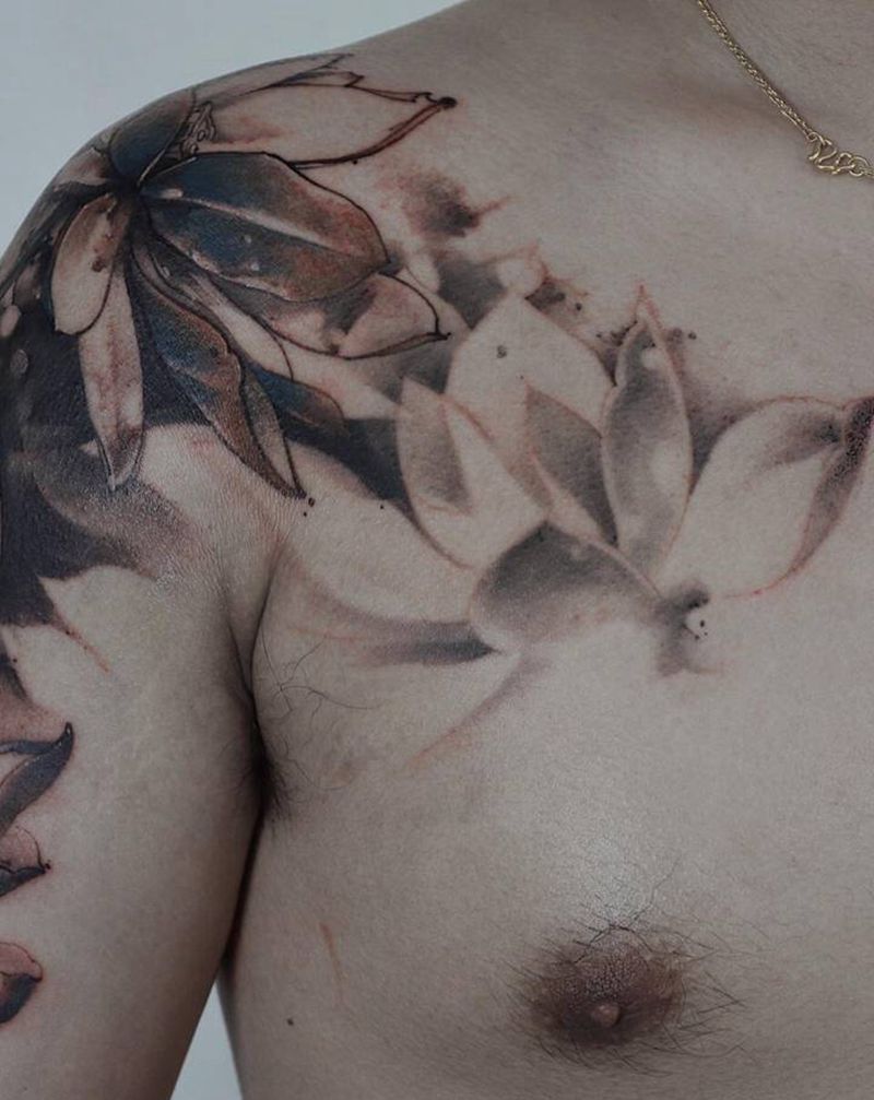 拈花禅莲纹身图片_水墨莲花纹身图案