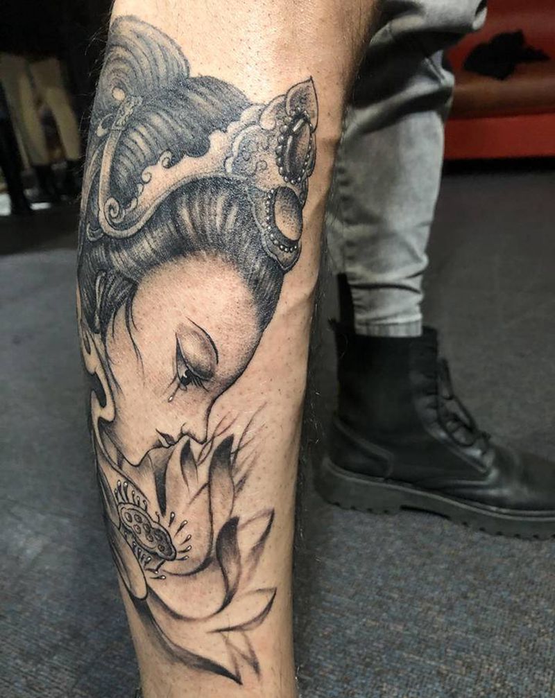 艺妓纹身图片_腿部新传统纹身图案