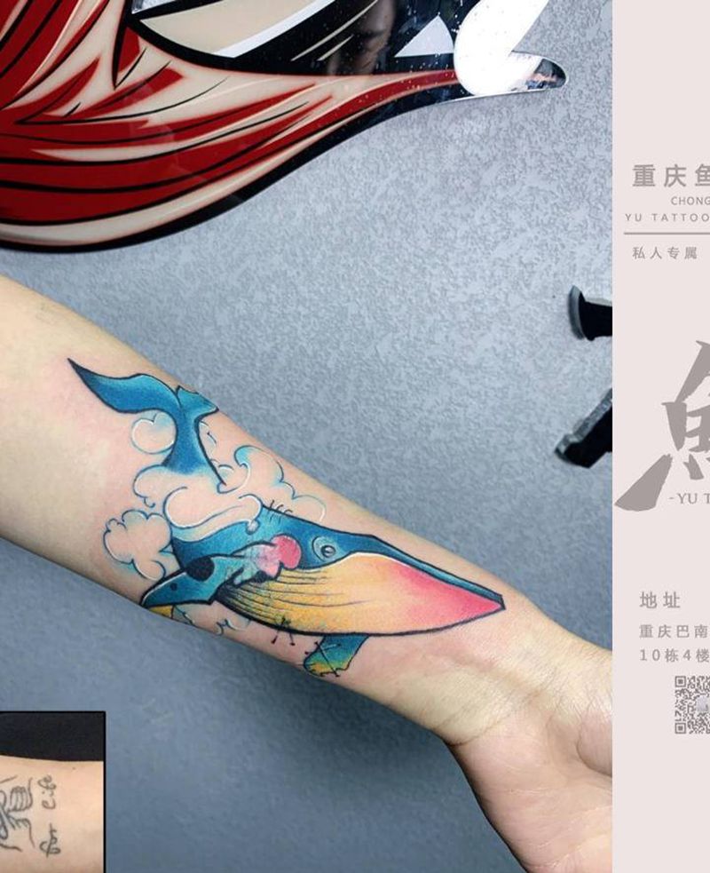 遮盖鲸鱼纹身图片_手臂水彩纹身图案
