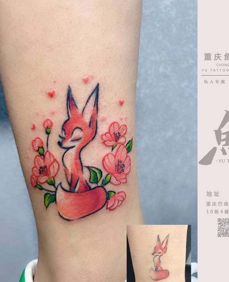 狐狸修改纹身图片_腿部水彩纹身图案