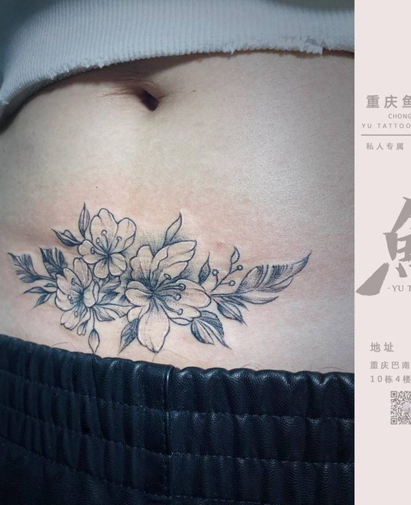 破腹产疤痕遮盖素花纹身图片_腹部点刺纹身图案