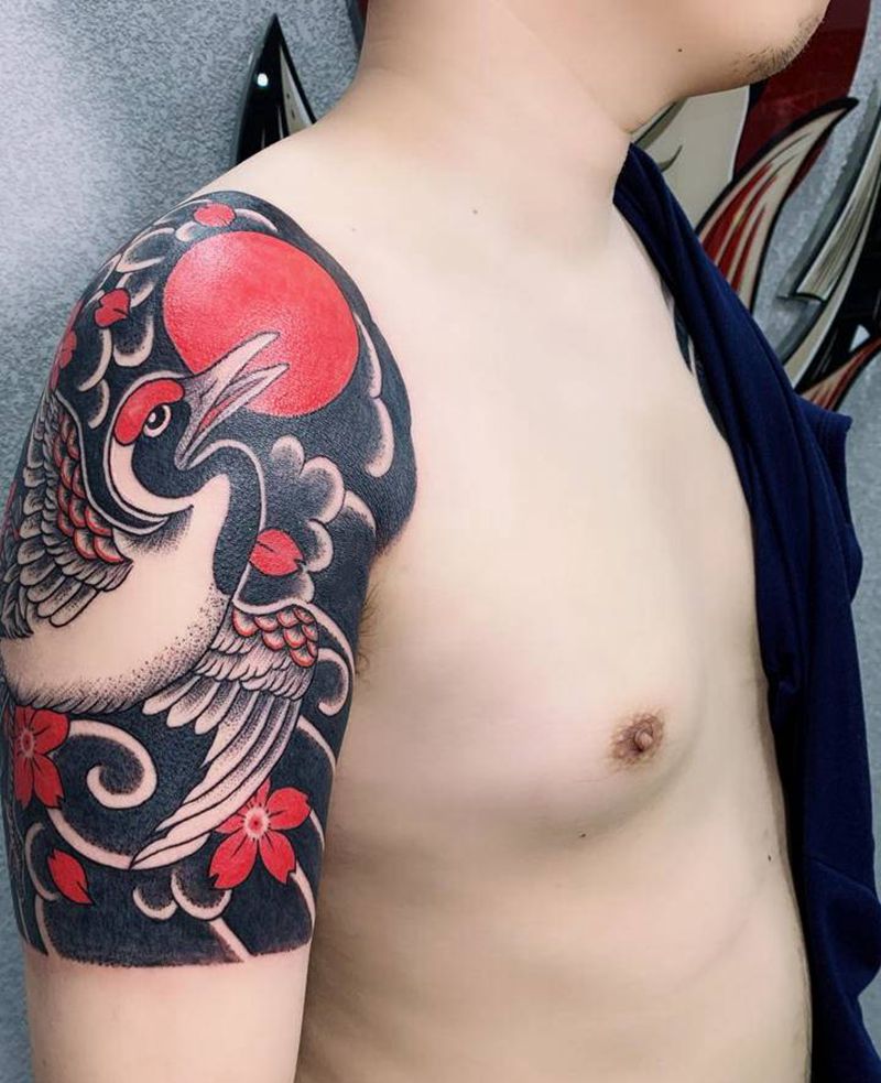 日式大臂仙鹤纹身图片_手臂老传统纹身图案