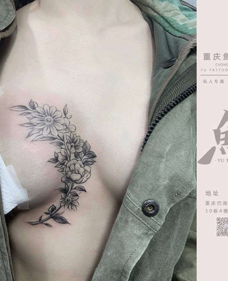 胸花纹身图片_胸部点刺纹身图案