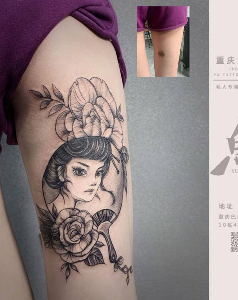 大腿遮盖胎记纹身图片_腿部点刺纹身图案