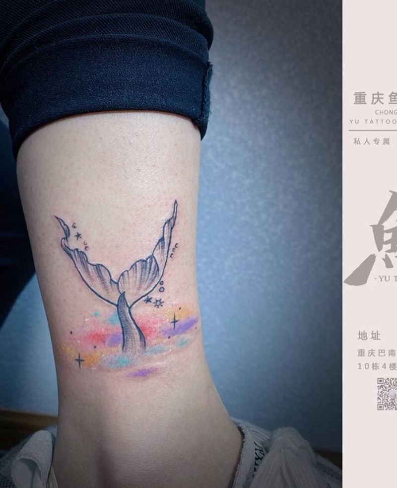 水彩鱼尾纹身图片_腿部纹身图案