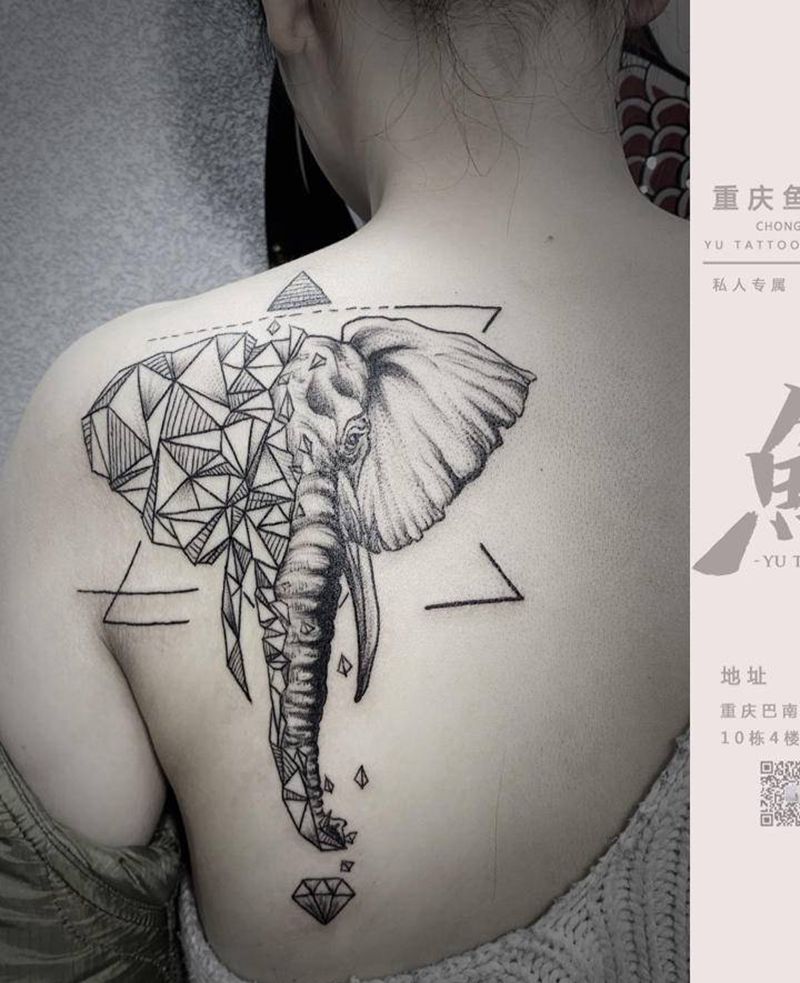 几何小象纹身图片_背部点刺纹身图案