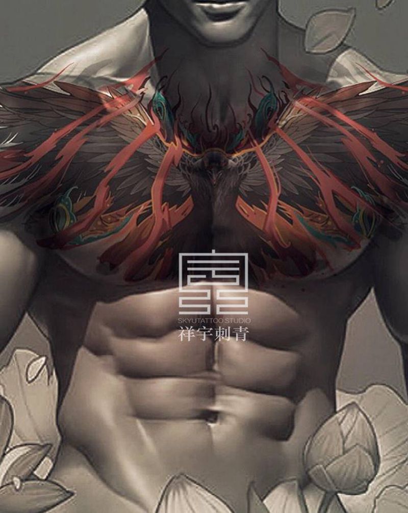 定制手稿纹身图片_胸部新传统凤 乌鸦纹身图案