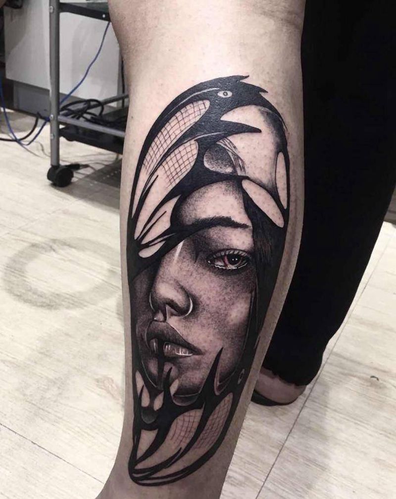 发狐dei女hai  60%纹身图片_腿部欧美写实点刺纹身图案