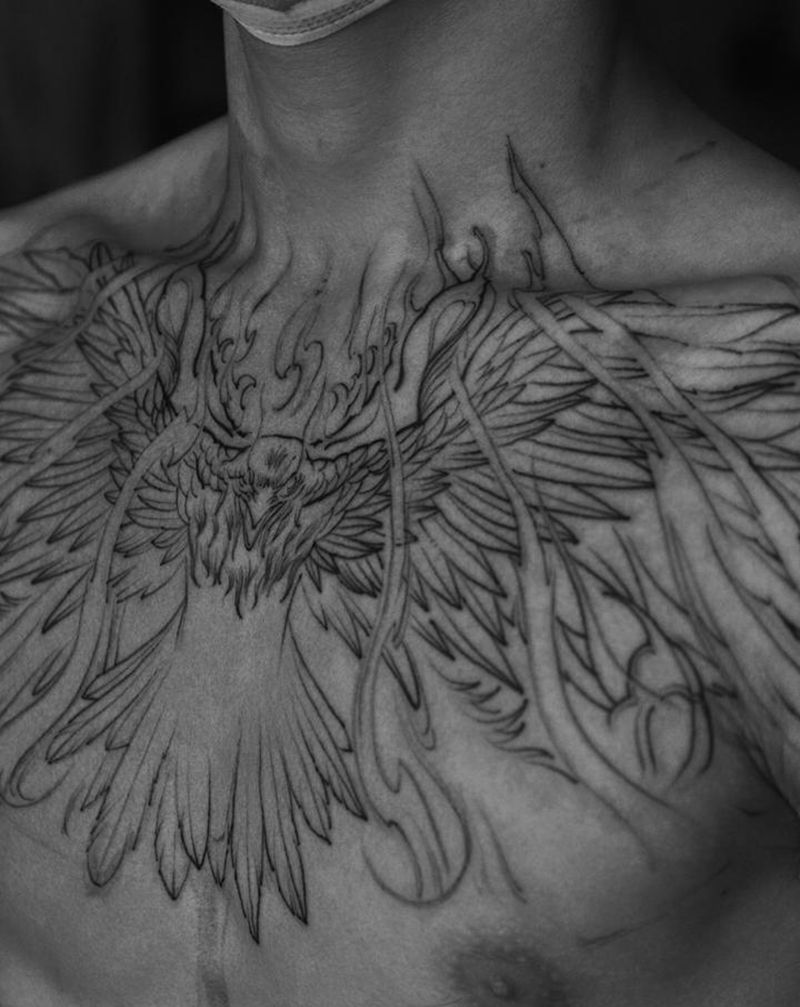 定制纹身【凤鸦】纹身图片_胸部新传统乌鸦纹身图案