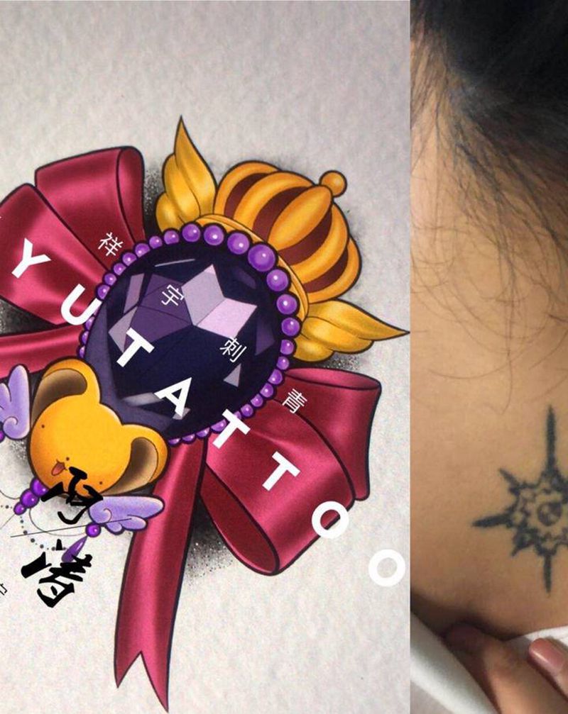 定制手稿纹身图片_背部New School宝石 蝴蝶结纹身图案
