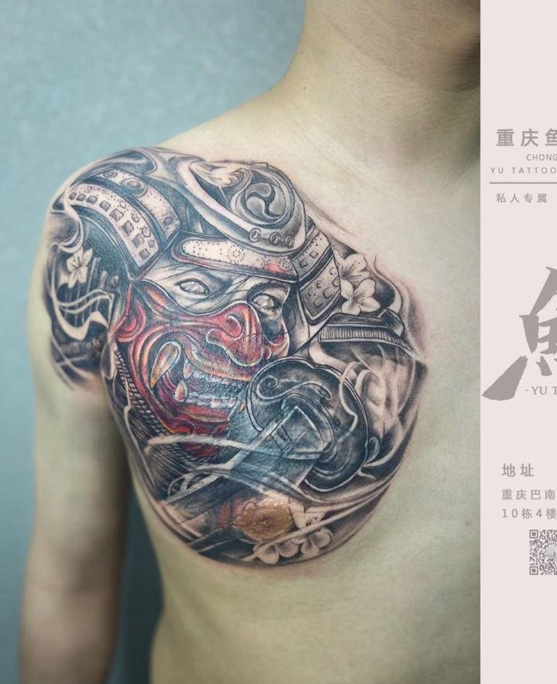鬼武士遮盖纹身图片_胸部新传统纹身图案