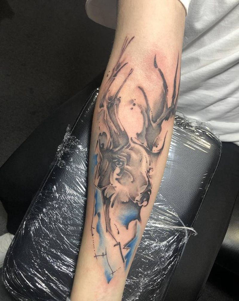 鹿纹身图片_手臂手部水彩水墨纹身图案
