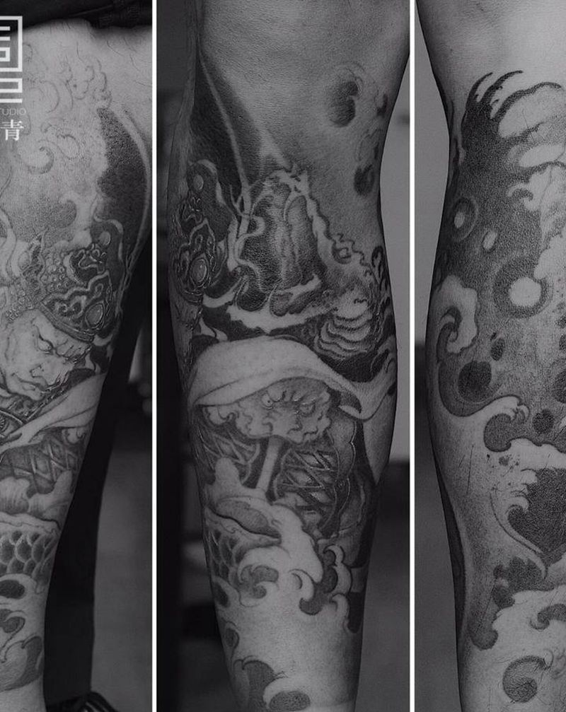 广目天王纹身图片_腿部新传统广目天王纹身图案