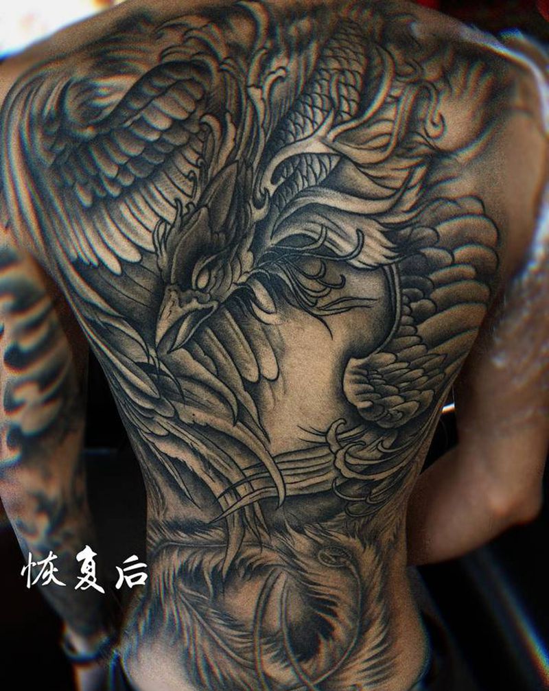 朱雀纹身图片_背部腰部新传统老传统纹身图案