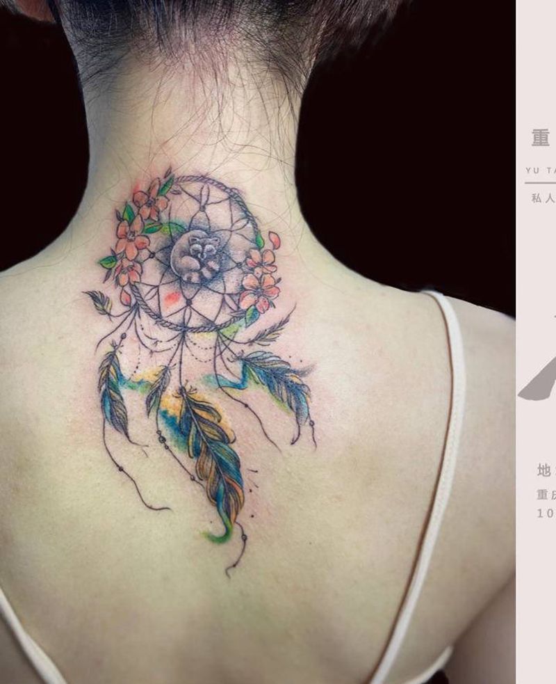 捕梦网遮盖疤痕纹身图片_颈部水彩纹身图案