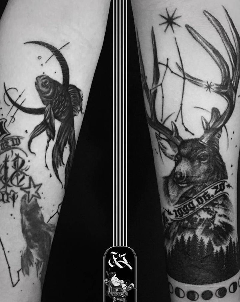 遮盖设计-鹿双子座与双鱼座纹身图片_手臂欧美写实水墨纹身图案