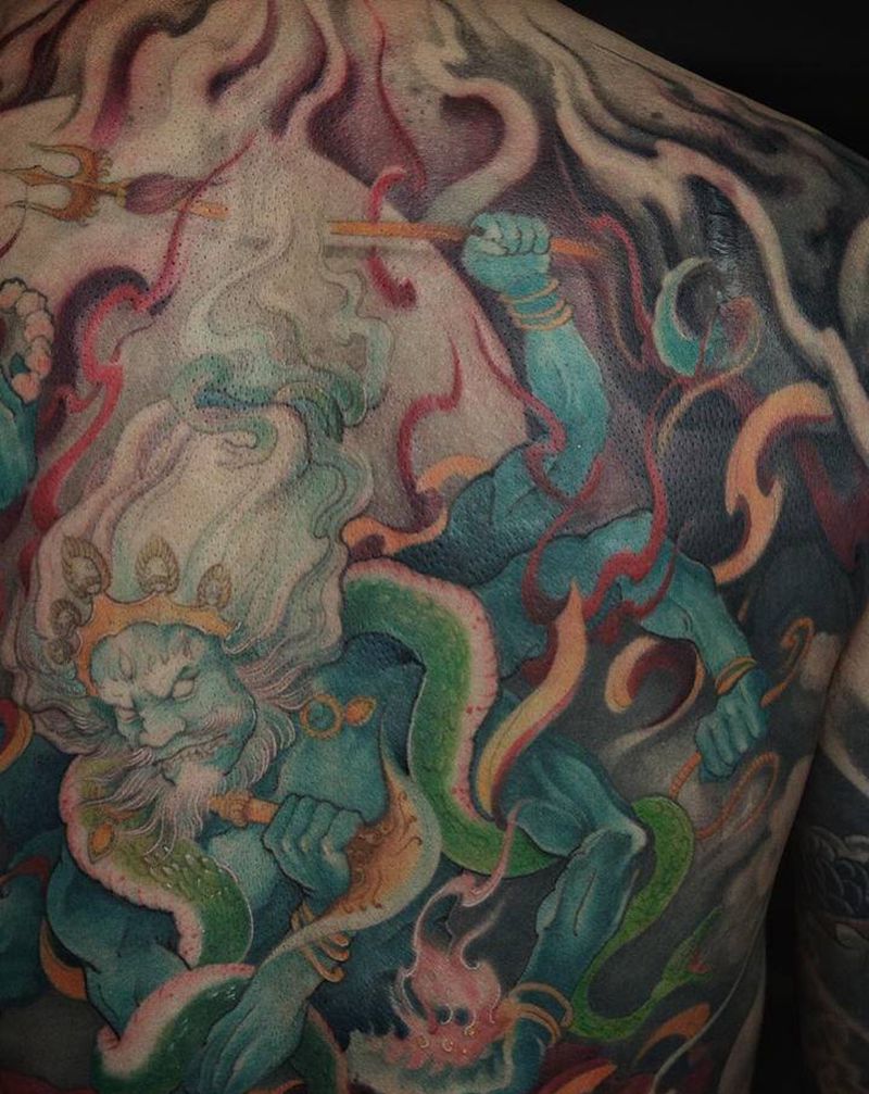 大黑天纹身图片_背部新传统大黑天纹身图案