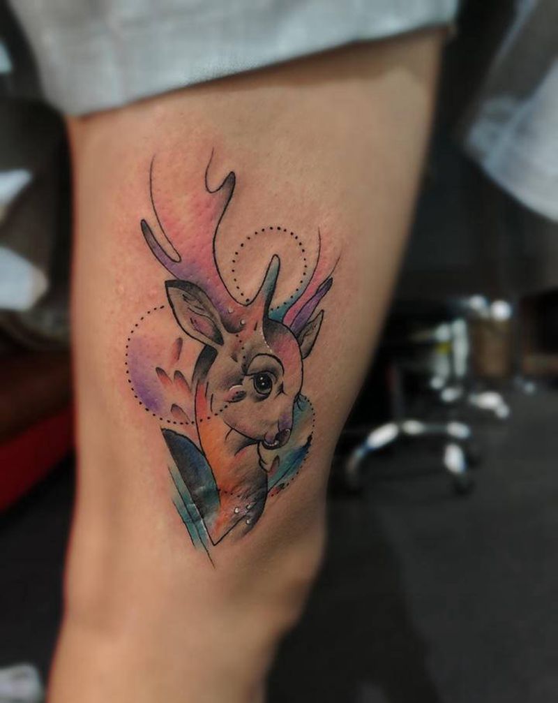 鹿纹身图片_腿部New School水彩纹身图案