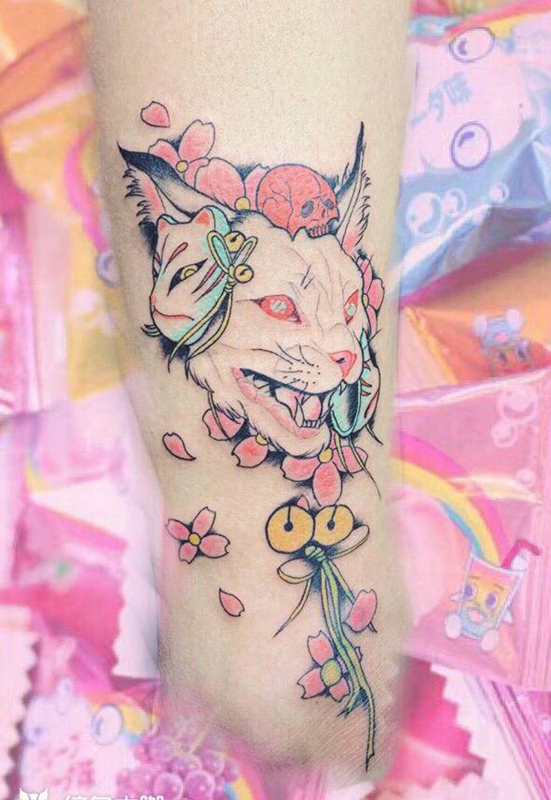 鹅粉克斯，80%纹身图片_腿部New School斯芬克斯纹身图案