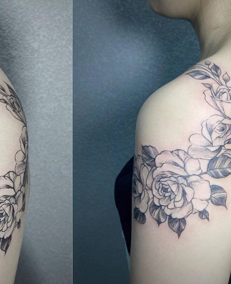 素花花肩纹身图片_肩部点刺纹身图案