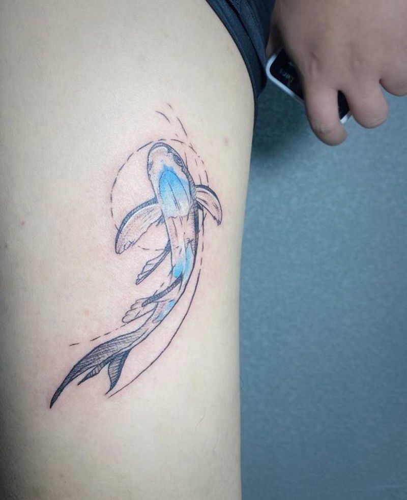 鱼纹身图片_腿部水彩纹身图案