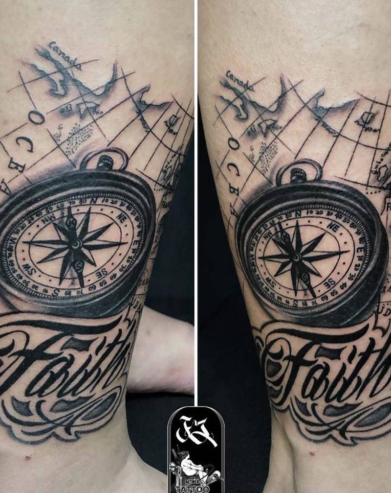 指南针纹身图片_腿部欧美写实纹身图案