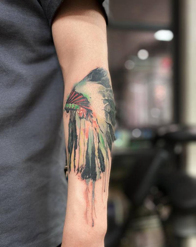 印第安羽冠纹身图片_手臂手部水墨New School纹身图案