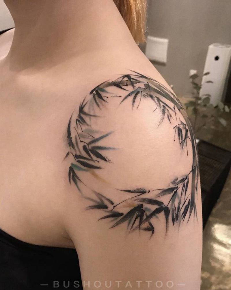 竹环纹身图片_手臂肩部水墨New School纹身图案