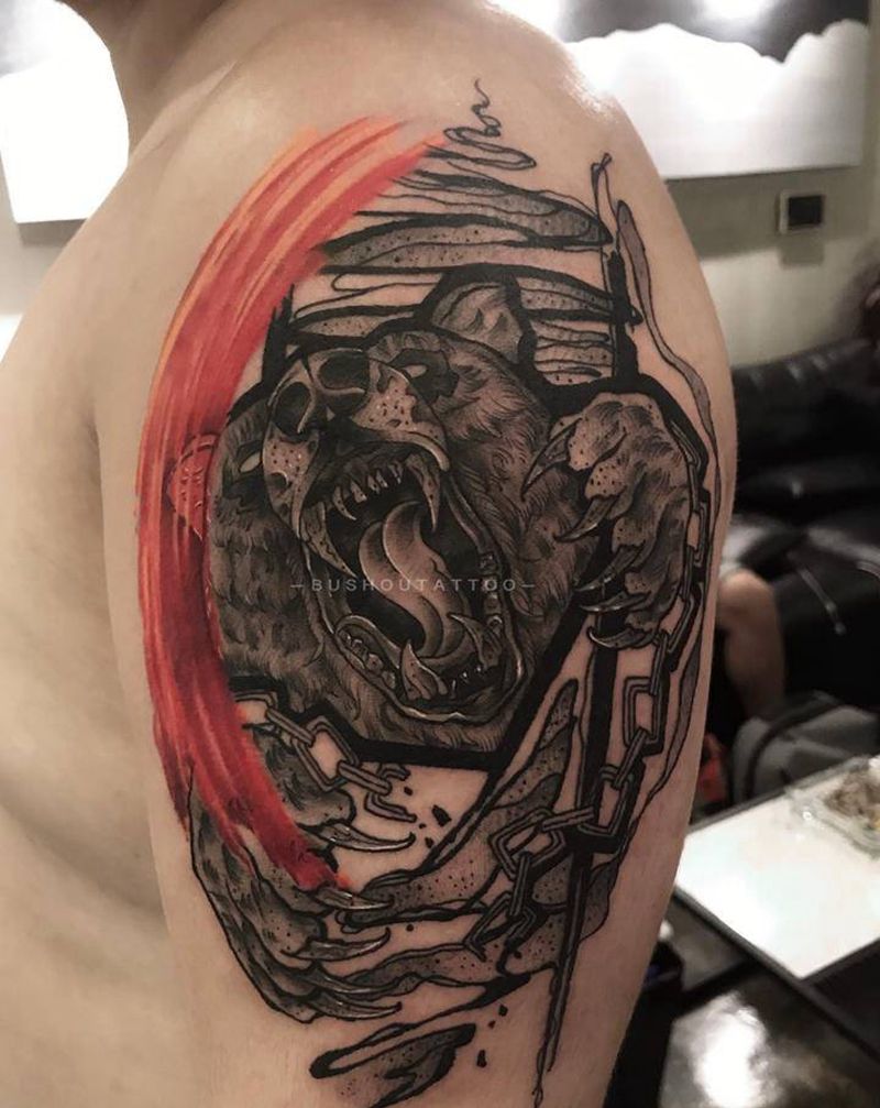 棕熊纹身图片_肩部手臂几何点刺纹身图案