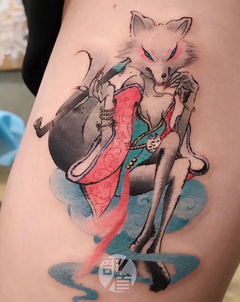 宝青坊狐狸纹身图片_臀部腿部水墨水彩纹身图案