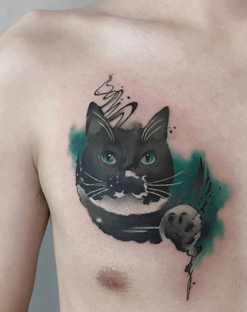 猫纹身图片_胸部肩部水墨水彩纹身图案