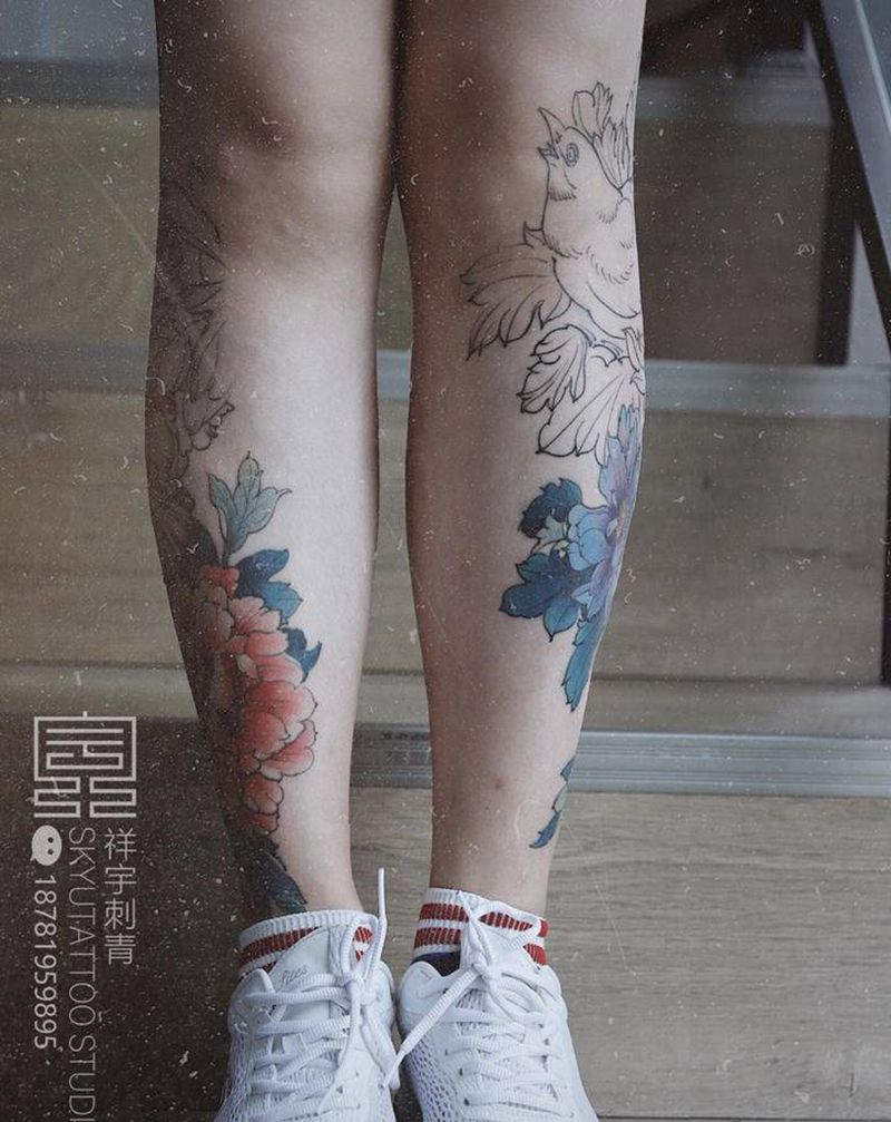 疤痕遮盖纹身图片_腿部新传统纹身图案